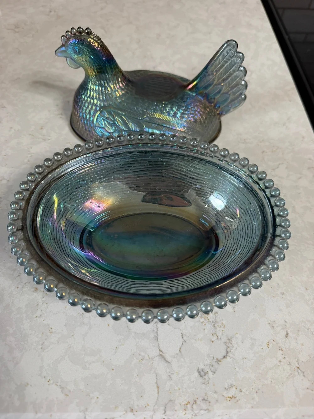 Iridescent Carnival Glass Hen on Nest Covered Dish - Blue-Green